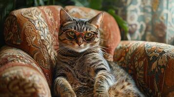 A cat wearing glasses sitting on a chair photo