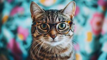 A cat wearing glasses on a colorful background photo