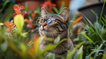A cat wearing glasses in the grass photo
