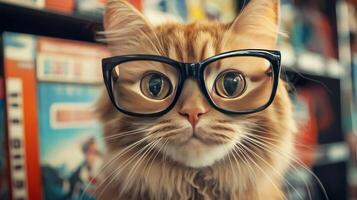 A cat wearing glasses in front of a book shelf photo