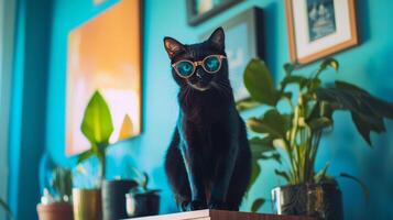 A black cat wearing sunglasses sits on a shelf photo