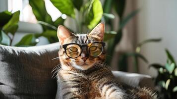 A cat wearing glasses sitting on a couch photo