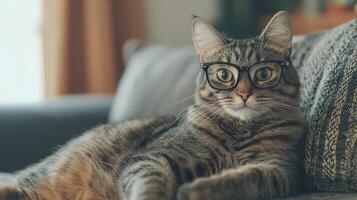 A cat wearing glasses on a couch photo
