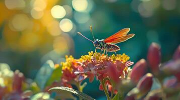 A colorful insect is sitting on top of some flowers photo