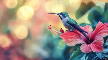A hummingbird is perched on a flower photo