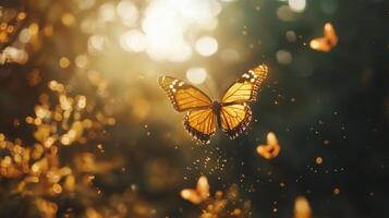 A butterfly is flying in the air with sunlight shining on it photo