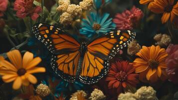 A monarch butterfly is sitting on a bunch of flowers photo