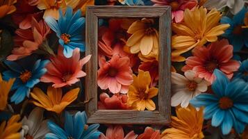 A wooden frame surrounded by flowers photo
