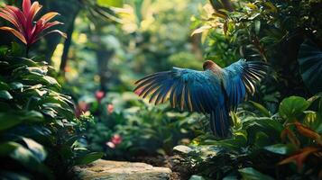 A blue parrot is flying through the jungle photo