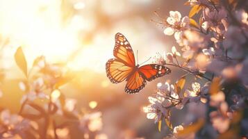A butterfly is flying over a flowering tree photo