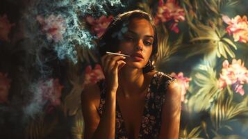 A woman smoking a cigarette in front of a floral wallpaper photo