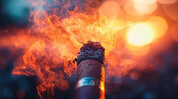 A cigar is burning in the dark with a bright light behind it photo