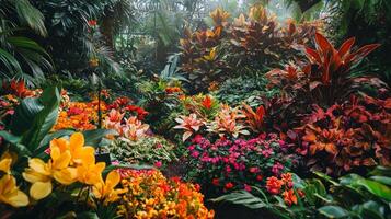 A tropical garden with lots of colorful flowers photo