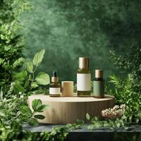 Green background with bottles of essential oils photo
