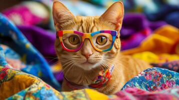 A cat wearing glasses on a colorful blanket photo