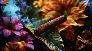 A cigar sitting on a flower with smoke coming out of it photo