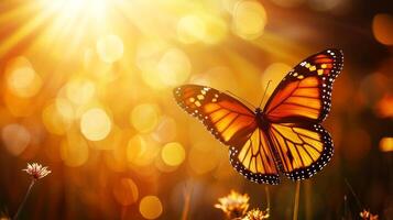 A monarch butterfly is flying in the sun photo