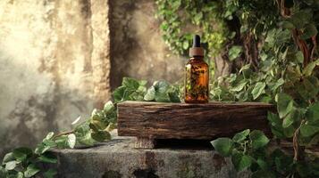 A bottle of essential oil sits on a wooden block photo