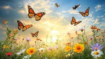 Butterflies flying over a field of flowers photo