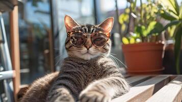 A cat wearing sunglasses sitting on a wooden table photo