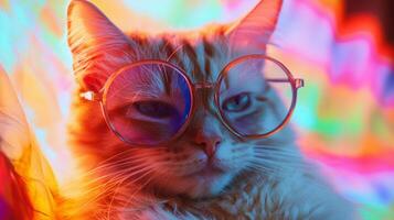 A cat wearing glasses in front of a colorful background photo