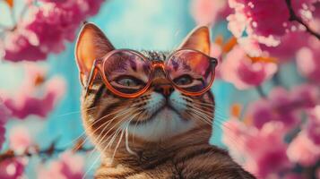 A cat wearing glasses in front of a pink tree photo