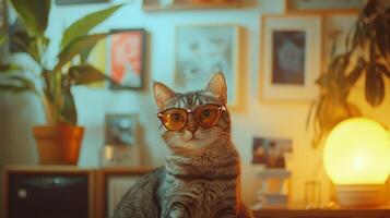 A cat wearing glasses sitting on a table photo