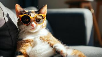 A calico cat wearing sunglasses on a couch photo