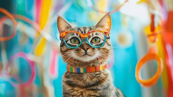 A cat wearing glasses and a colorful party hat photo
