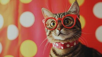 A cat wearing red glasses and a polka dot polka dot background photo