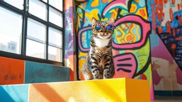 A cat wearing sunglasses in front of a colorful wall photo