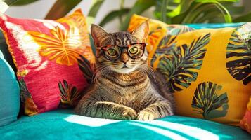 A cat wearing glasses sitting on a couch with colorful pillows photo