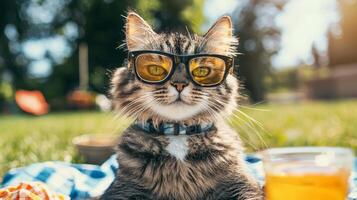 A cat wearing sunglasses sitting on a blanket photo