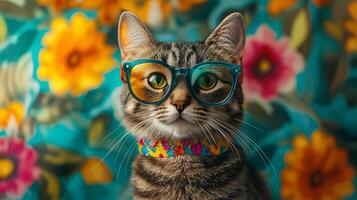 A cat wearing glasses on a colorful background photo