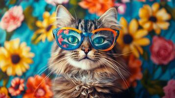 A cat wearing sunglasses on a floral background photo