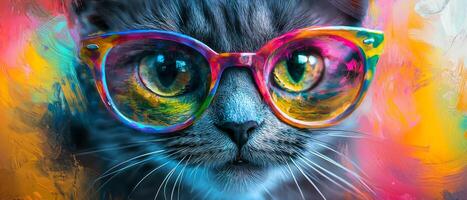 A cat wearing colorful glasses in a painting photo