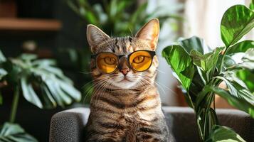 A cat wearing yellow sunglasses sitting on a chair photo