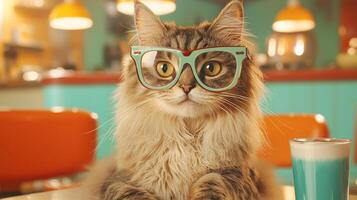 A cat wearing glasses sitting at a table with a drink photo