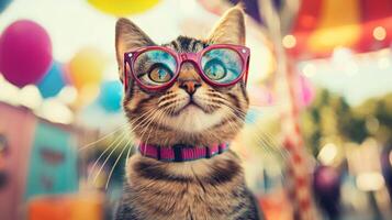 A cat wearing glasses and looking up at balloons photo