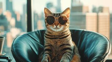 A cat wearing sunglasses sitting in a chair photo