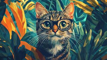A cat wearing glasses in the jungle photo