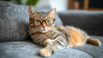 A cat wearing glasses laying on a couch photo