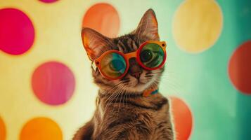 A cat wearing sunglasses on a colorful background photo