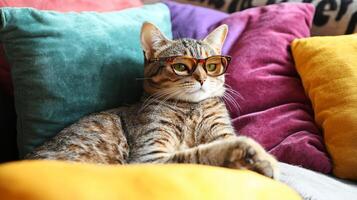A cat wearing glasses sitting on a couch photo