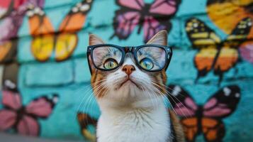 A cat wearing glasses and looking up at butterflies photo