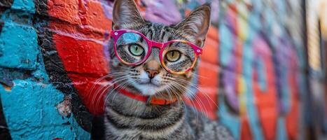 A cat wearing glasses in front of a colorful wall photo