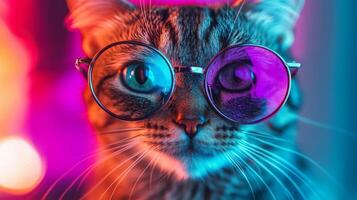 A cat wearing glasses in front of a colorful background photo
