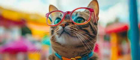 A cat wearing glasses in front of colorful carnival tents photo