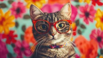 A cat wearing glasses on a colorful background photo