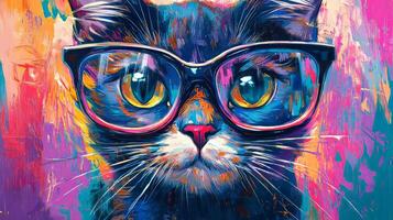 A painting of a cat wearing glasses photo